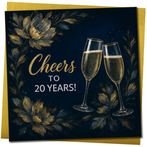 20th Anniversary Card, Cheers to 20 Years, Elegant Gold Floral Champagne Glass Design