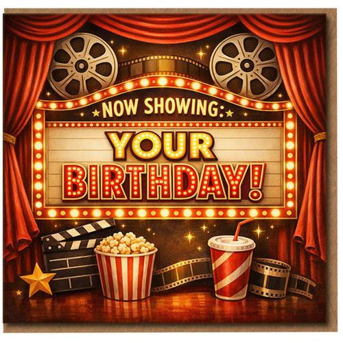 Cinema Marquee Birthday Card - Now Showing Your Birthday - Fun Film Night Design with Popcorn & Clapperboard - Blank Inside with Envelope
