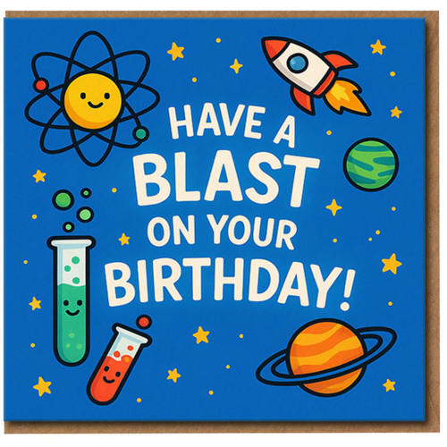 Space Rocket & Science Birthday Card - Have a Blast on Your Birthday - Fun Kids Planets and Stars Design - Cute Pun Greeting Card