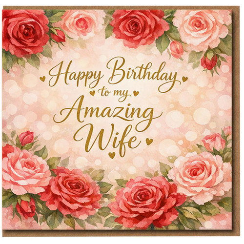 Wife Birthday Card - Happy Birthday to My Amazing Wife - Romantic Rose Watercolour Floral - Heartfelt Card for from Husband