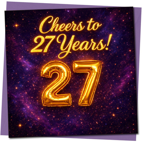 27th Birthday Card, Cheers to 27 Years, Gold Number 27 Galaxy Card