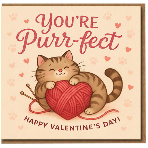 You're Purr-fect Cat Valentine's Day Card - Cute Pun Love Card with Cat Hugging Heart Yarn Ball - For Boyfriend, Girlfriend, Husband, Wife or Partner