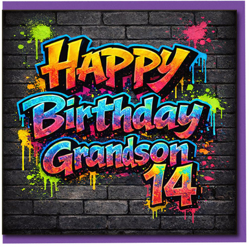 14th Birthday Card for Grandson, Happy Birthday Graffiti Design