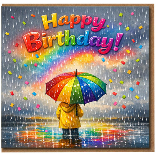 Happy Birthday Card - Rainbow Umbrella in the Rain with Rainbow and Confetti - Bright Colourful Illustrated Birthday Greeting Card for Anyone