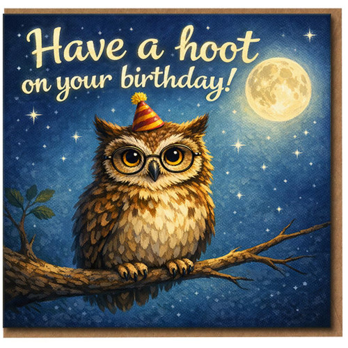 Owl Birthday Card - Have a Hoot on Your Birthday - Cute Night Sky Owl with Party Hat - Funny Pun Greeting Card for Him Her Friends Kids - Blank Inside with Envelope