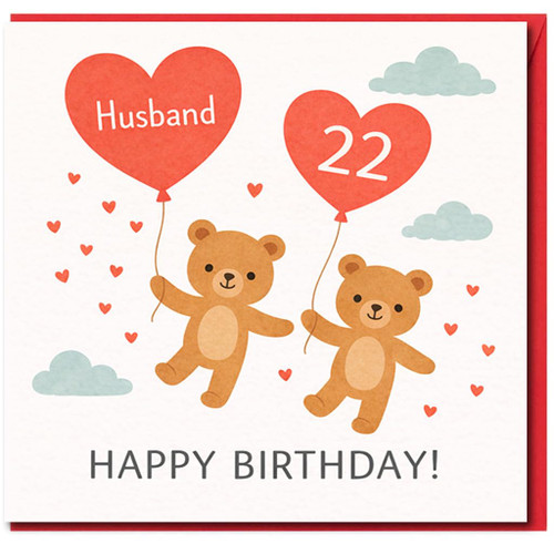 Husband 22nd Birthday Card, Cute Teddy Bears Balloon Birthday Card