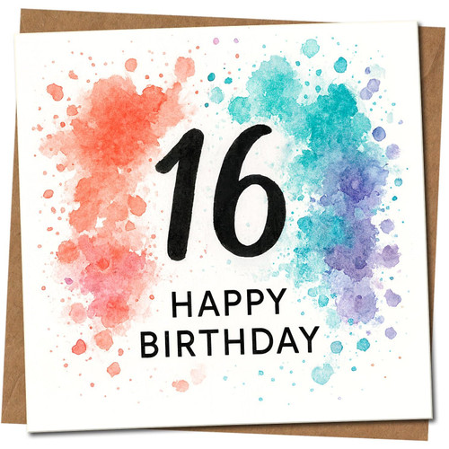 16th Birthday Card, Happy 16th Birthday Card with Colourful Watercolour Splash Design