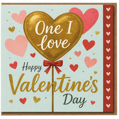 Valentine's Day Card for the One I Love - Romantic Heart Balloon and Hearts Design - For Partner, Boyfriend, Girlfriend, Husband or Wife - With Envelope