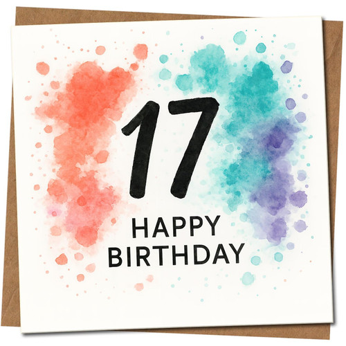 17th Birthday Card, Happy 17th Birthday Card with Colourful Watercolour Splash Design