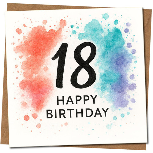 18th Birthday Card, Colourful Watercolour Happy Birthday Card