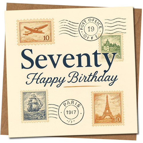 70th Birthday Card, Seventy Happy Birthday Vintage Postage Stamp Design