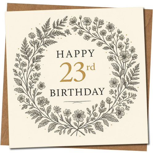 23rd Birthday Card, Elegant Floral Wreath Happy 23rd Birthday Card