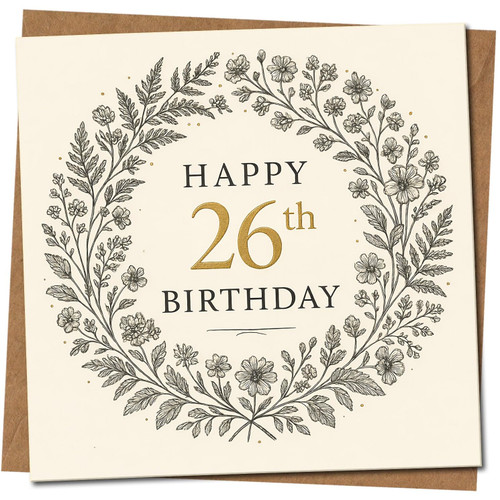 26th Birthday Card, Floral Wreath Happy 26th Birthday Card