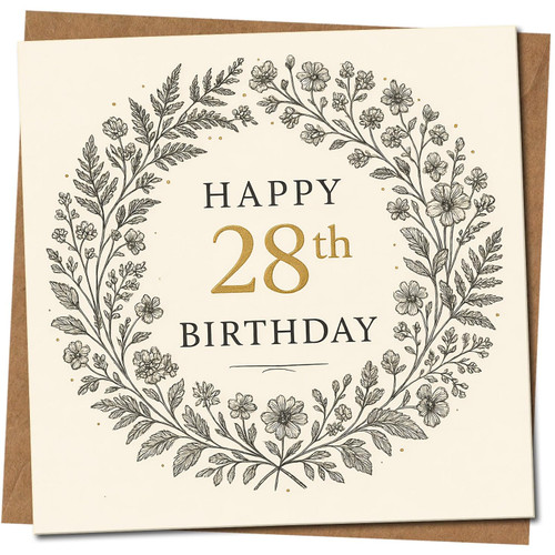 28th Birthday Card, Elegant Floral Wreath Birthday Card