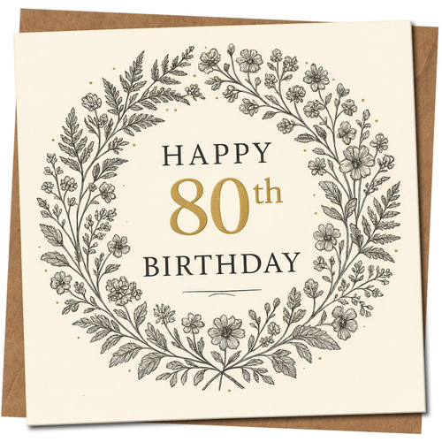 80th Birthday Card, Happy 80th Birthday Floral Wreath Card