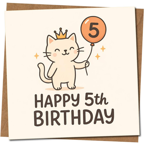 5th Birthday Card, Cute Cat Birthday Card for Age 5