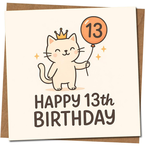 13th Birthday Card, Cute Cat Birthday Card for Teen Girl or Boy
