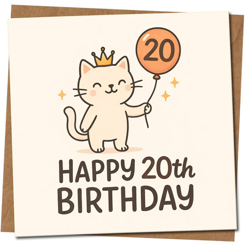 20th Birthday Card, Cute Cat 20th Birthday Card, Happy 20th Birthday Card
