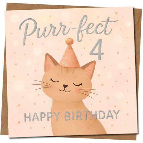 4th Birthday Card, Cute Cat Happy Birthday Card