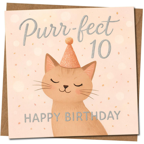 10th Birthday Card, Cute Cat Purr - fect 10 Happy Birthday Card
