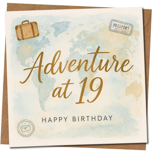 19th Birthday Card, Adventure at 19 Happy Birthday Travel Themed Card
