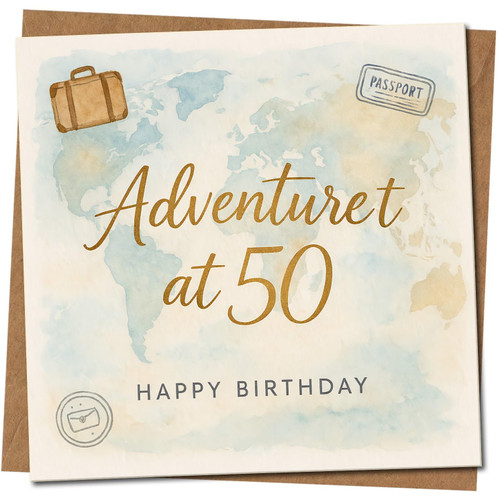 50th Birthday Card, Adventure at 50 Happy Birthday Travel Themed Card