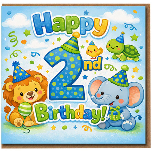 2nd Birthday Card, Cute Animal Happy 2nd Birthday Card