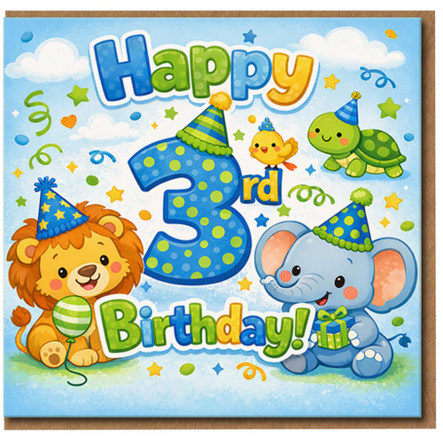 3rd Birthday Card, Cute Animal Birthday Card for Child