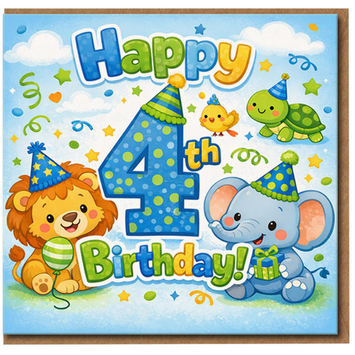 4th Birthday Card Cute Animal Party Design