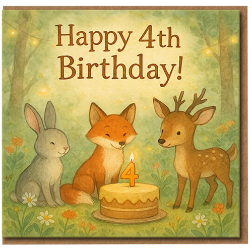 4th Birthday Card, Woodland Animals Happy 4th Birthday Card