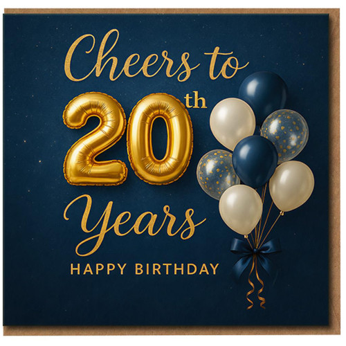 20th Birthday Card, Cheers to 20th Years Happy Birthday Balloon Design
