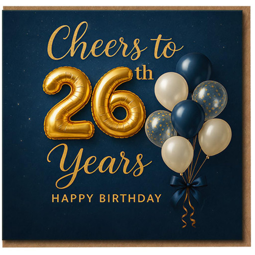 26th Birthday Card, Cheers to 26 Years Happy Birthday Balloon Design