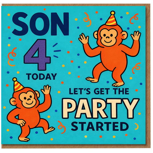 Son 4th Birthday Card, Let’s Get The Party Started Monkey Design