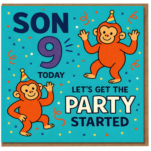 Son 9th Birthday Card, Let’s Get the Party Started Monkey Design