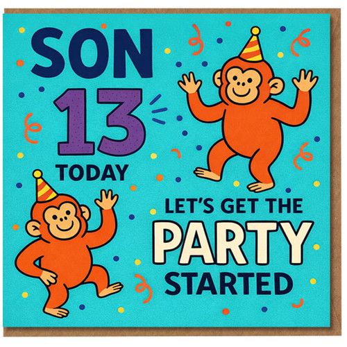 Son 13th Birthday Card, Let's Get the Party Started Monkey Design