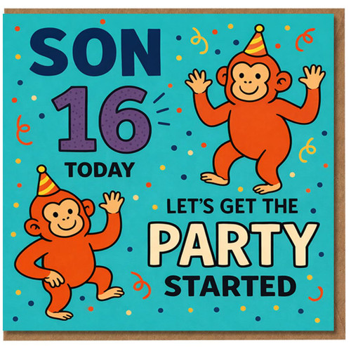 Son 16th Birthday Card, Let's Get The Party Started Monkey Design