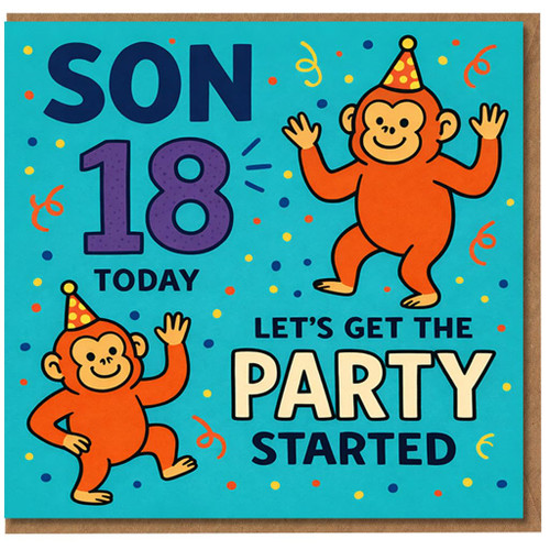 Son 18th Birthday Card, Let’s Get the Party Started Monkey Card