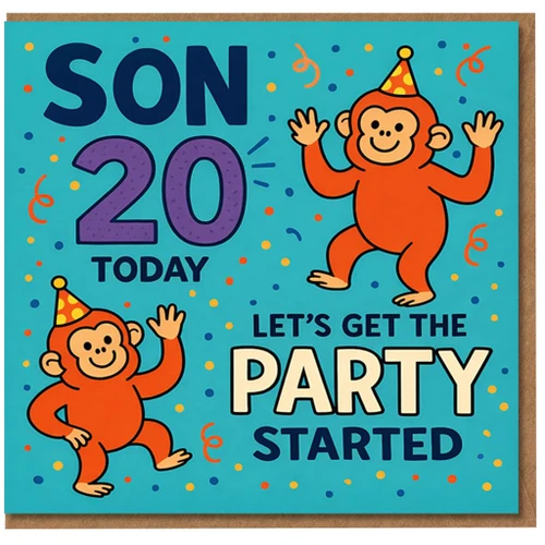 Son 20th Birthday Card, Let's Get the Party Started Monkey Design