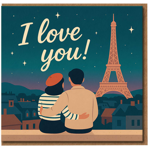 I Love You Paris Skyline Greeting Card - Romantic Love/Anniversary Card with Eiffel Tower Illustration, Couple Under Stars, Blank Inside with Envelope