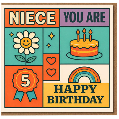 5th Birthday Card for Niece, Happy Birthday Retro Rainbow Design