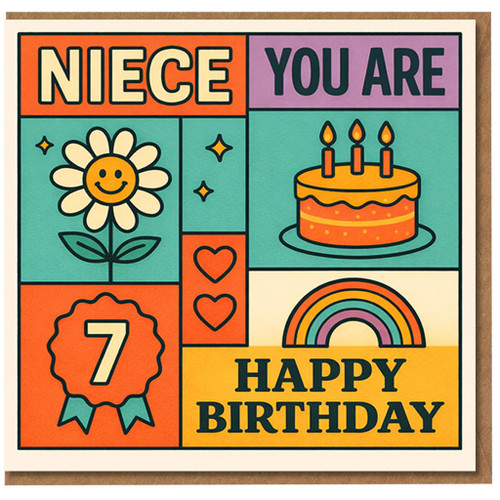 7th Birthday Card for Niece, Happy Birthday Retro Colourful Design