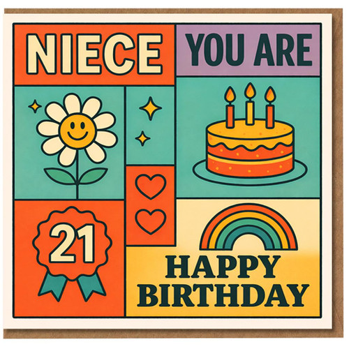 21st Birthday Card for Niece, Happy Birthday Card with Cake, Rainbow and Flower Design