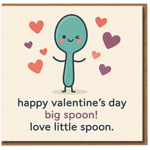 Big Spoon Little Spoon Valentine’s Day Card - Cute Cartoon with Hearts - Funny Romantic Card for Boyfriend, Girlfriend or Partner
