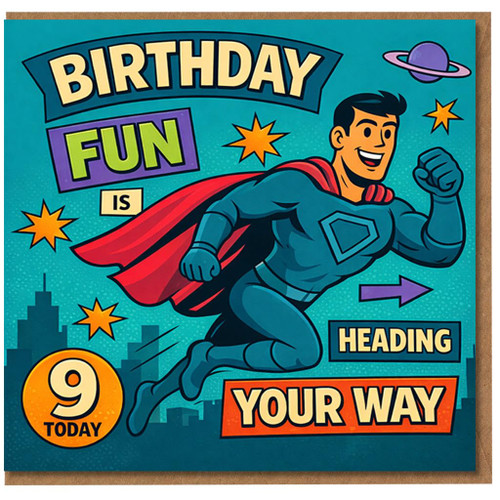 9th Birthday Card, Superhero Birthday Card for Boy, Birthday Fun Is Heading Your Way