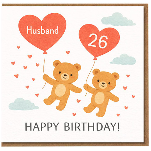 Husband 26th Birthday Card, Teddy Bears Balloon Design