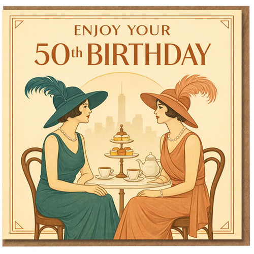 50th Birthday Card for Woman, Vintage Tea Party Birthday Card