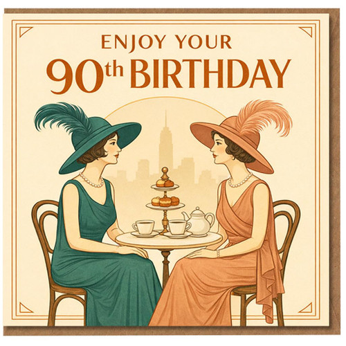 90th Birthday Card, Vintage Tea Party Design, Elegant Ladies Birthday Card
