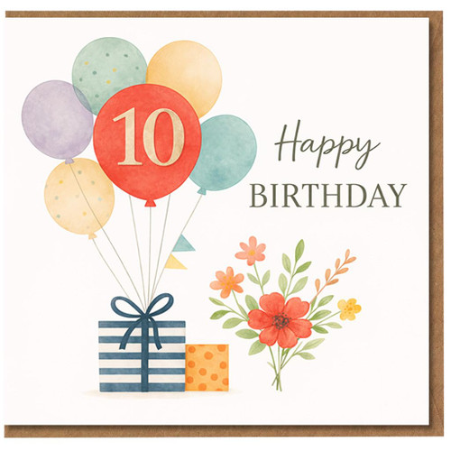 10th Birthday Card, Happy Birthday Balloons, Gift and Floral Design