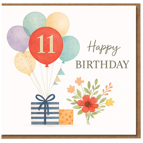 11th Birthday Card, Happy Birthday Balloon and Gift Design
