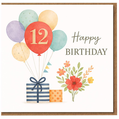 12th Birthday Card, Happy Birthday Balloon and Gift Design